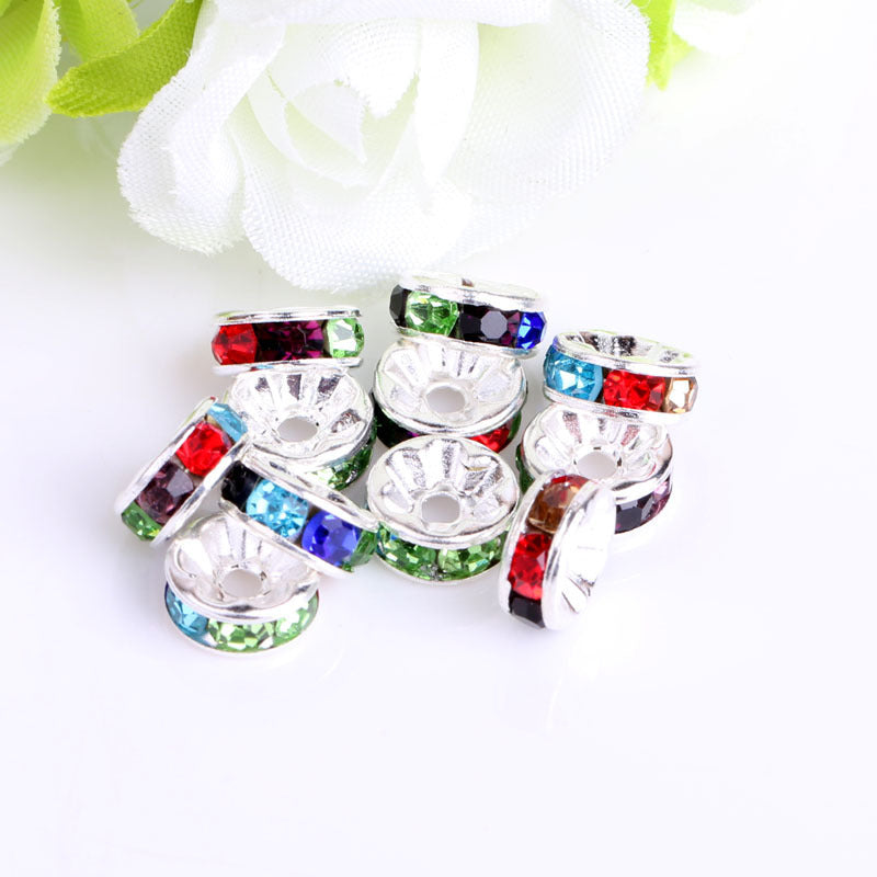 Flat Round Metal Spacers with Rhinestones,  12mm